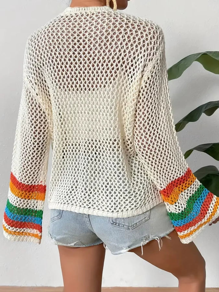 Relaxed fit women's crochet cardigan featuring a unique mosaic knit & stylish flared bell sleeves.
