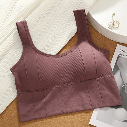 Breathable women's seamless ribbed sports bra by Motion Core, ideal activewear for comfortable workouts and support.