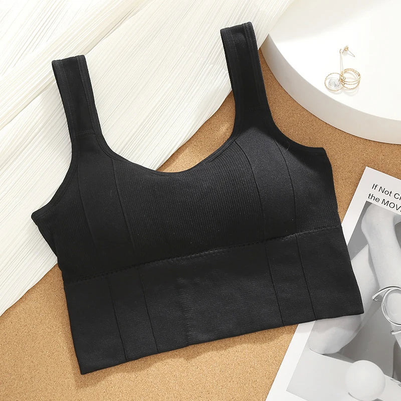 Close-up of women's Motion Core seamless ribbed sports bra, highlighting the soft, moisture-wicking fabric.