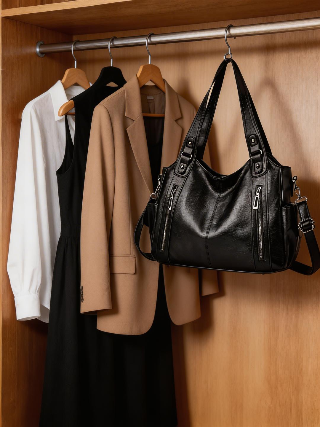 Women's multi-compartment shoulder bag for organized everyday carry. Stylish and versatile handbag.