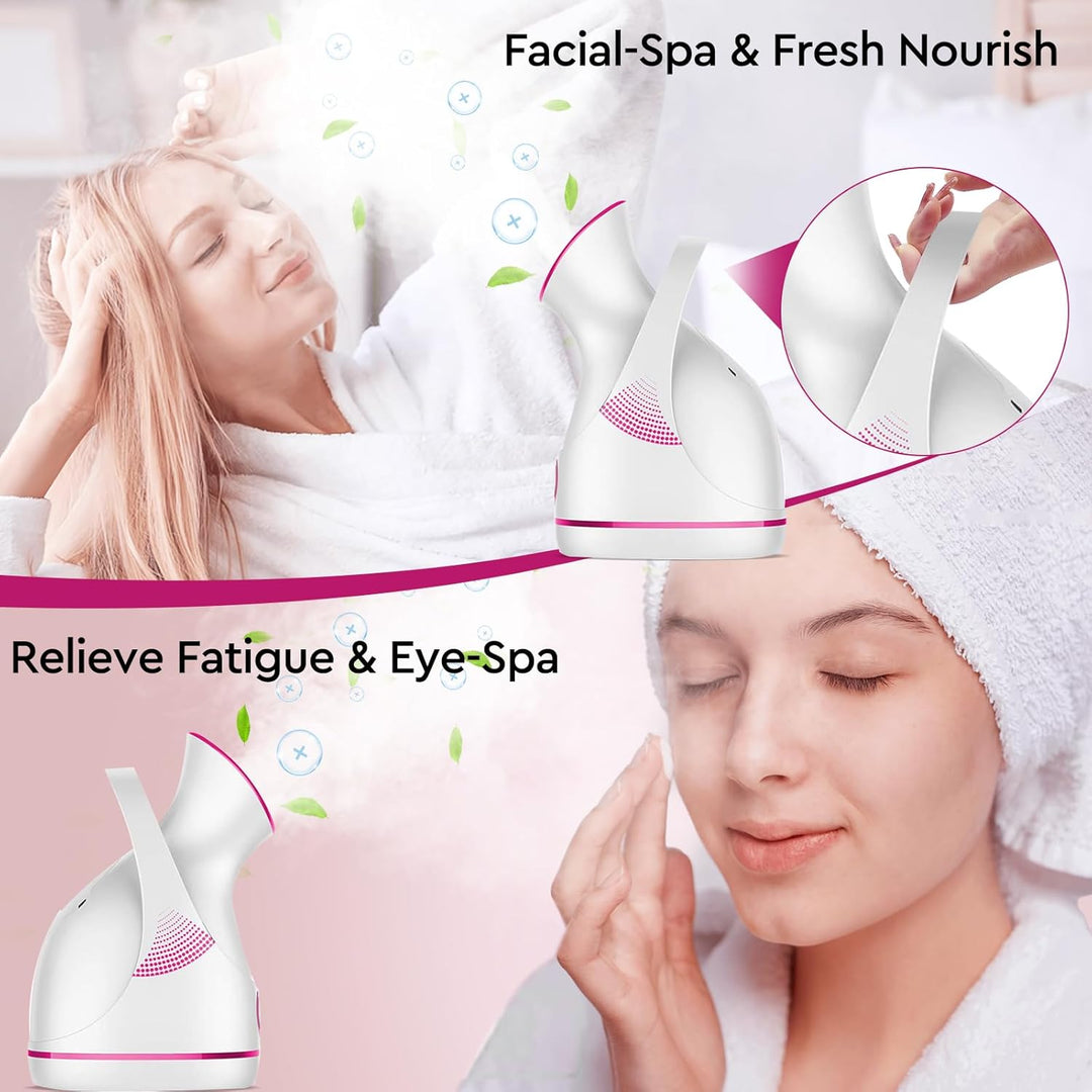 Advanced Nano Ionic facial steamer delivering fine mist for deep cleansing, opening pores, & hydrating skin.