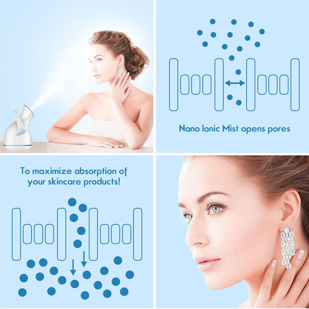 Effective Nano Ionic facial steamer to deep cleanse pores, remove blackheads, & enhance skin hydration for women.