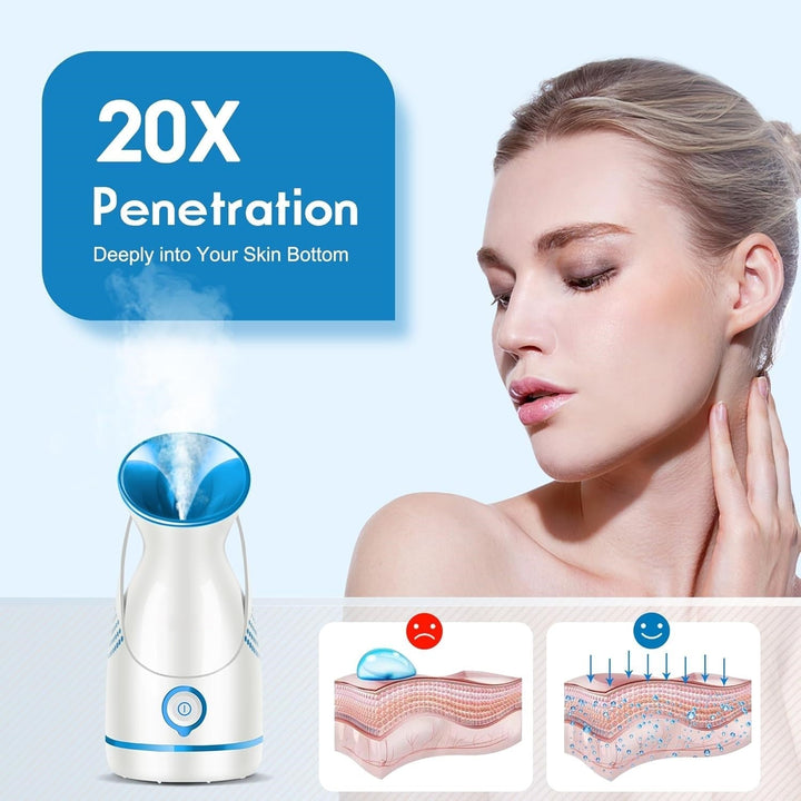 Compact Nano Ionic facial steamer for women, providing a deep cleanse & gentle hydration for radiant skin.