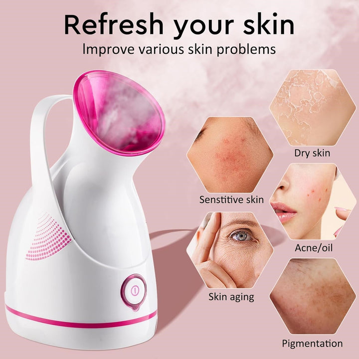 Modern Nano Ionic facial steamer for women, designed for effective deep cleansing, hydration & pore refining.