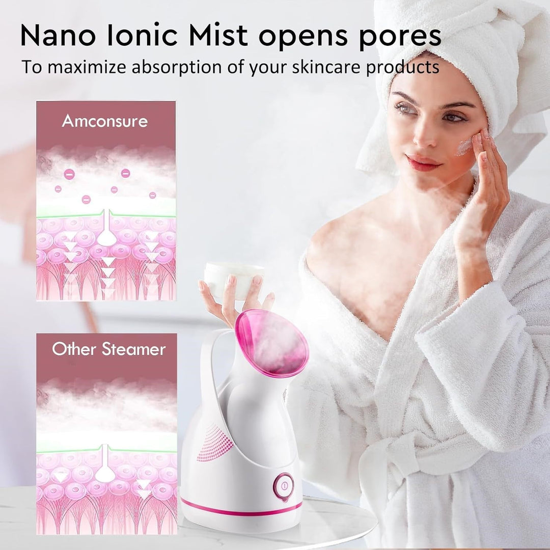 Achieve healthy, glowing skin with this Nano Ionic facial steamer, offering deep cleanse, hydration, and pore care.