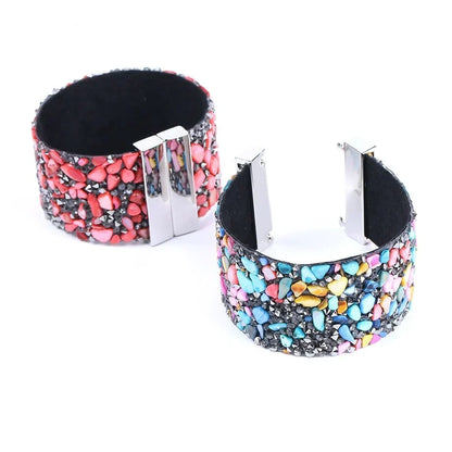 Earthy natural stone and shimmering crystal women's bracelet, crafted with real leather.