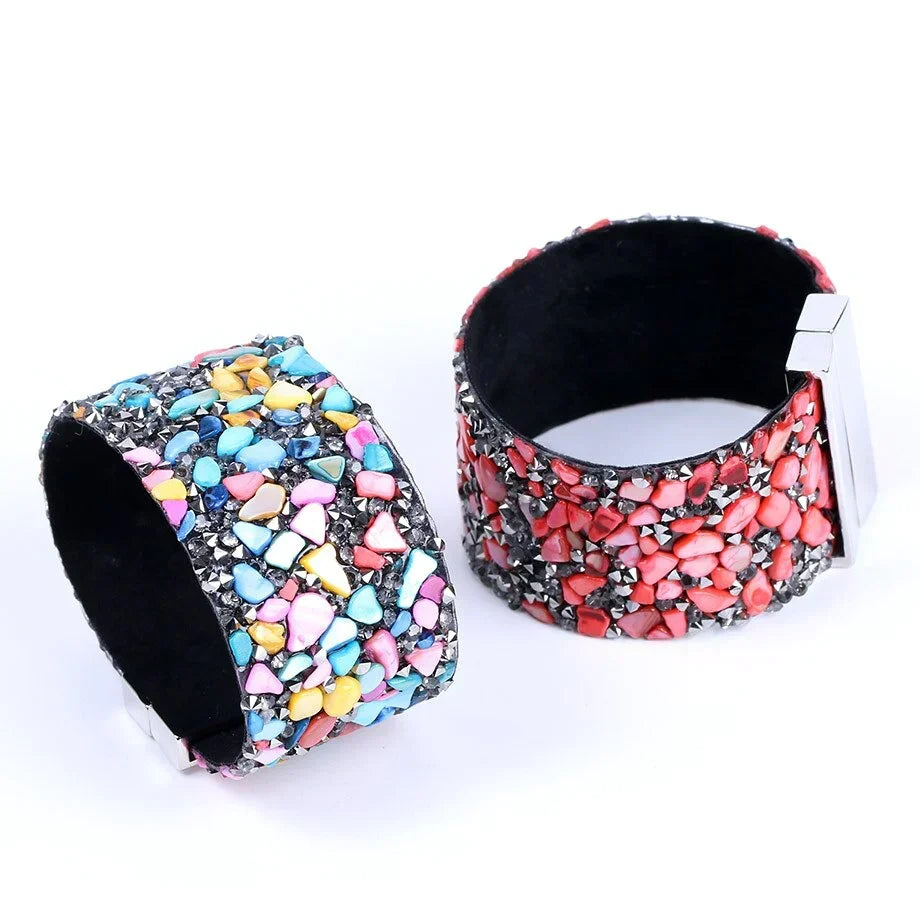 Stylish women's natural stone, crystal, and leather bracelet. Perfect for daily wear or special events.