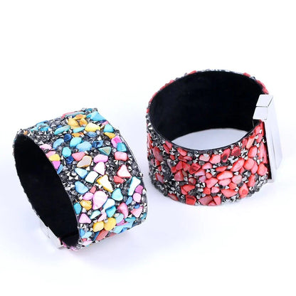 Stylish women's natural stone, crystal, and leather bracelet. Perfect for daily wear or special events.