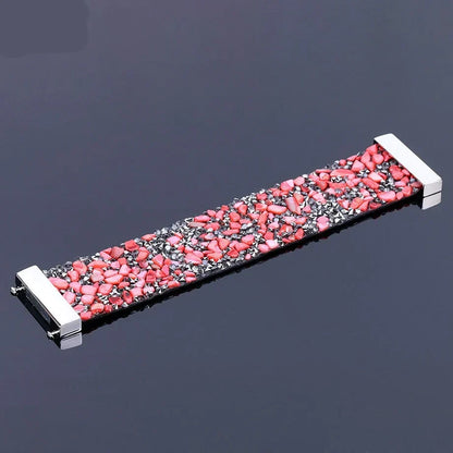 Fashionable women's natural stone crystal bracelet with genuine leather strap. Adjustable fit.