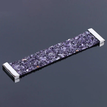 Handmade women's natural stone & crystal leather bracelet. Unique gemstone fashion accessory.