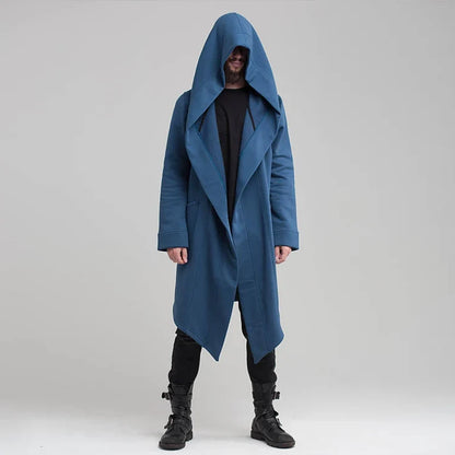 Chic women's hooded long coat with elegant draped design, ideal for stylish fall and winter outerwear.