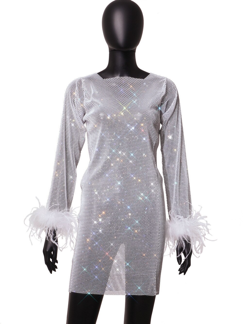 White Women's Nightfever Sparkle Mini Dress. Shimmering rhinestone party dress, ideal for glamorous night outs.