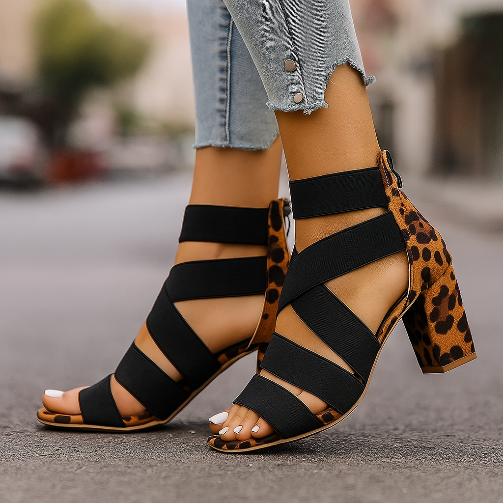 Women's Nolani leopard print block heels, a stylish and comfortable choice for parties and dress events.