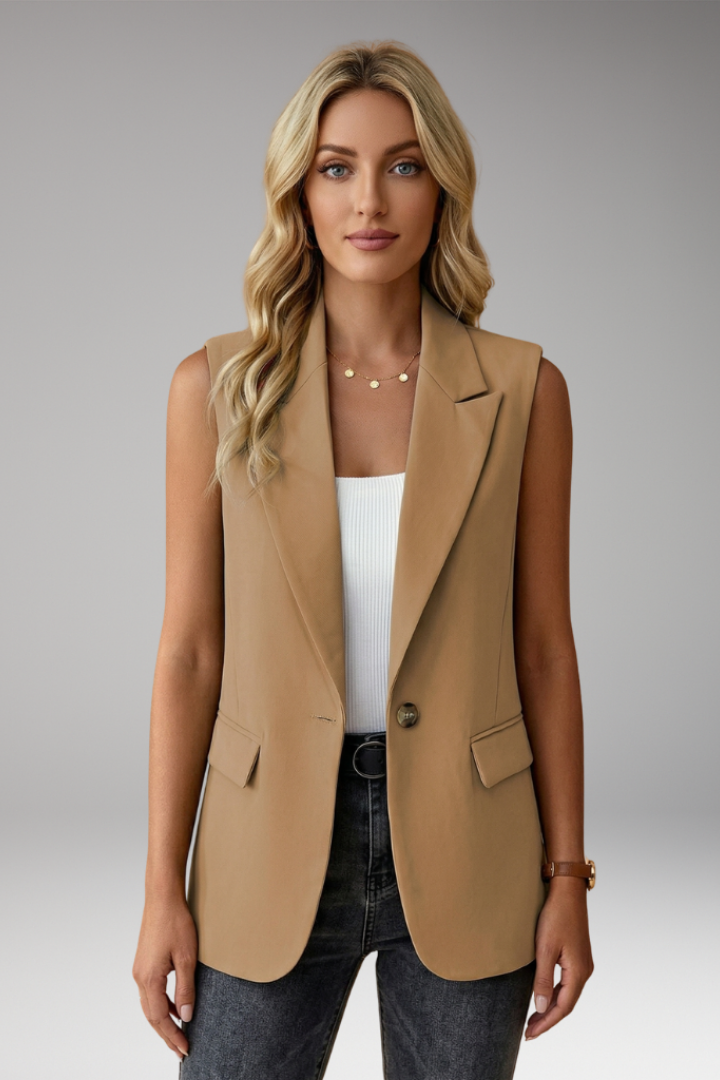 Chic women's sleeveless blazer top, a versatile waistcoat for office and smart casual wear.