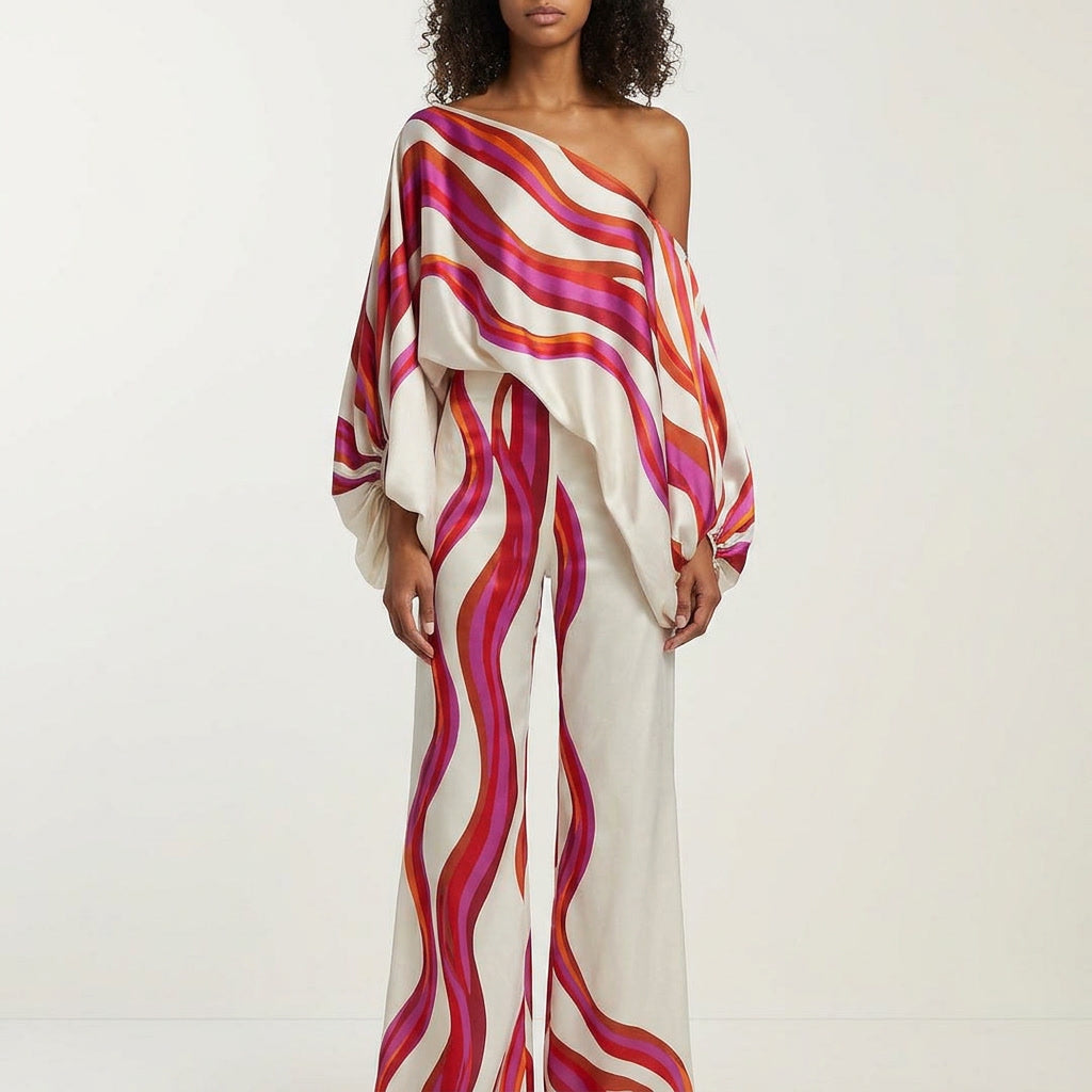 Women's off-shoulder two-piece set for summer, featuring a stylish print & comfortable design.