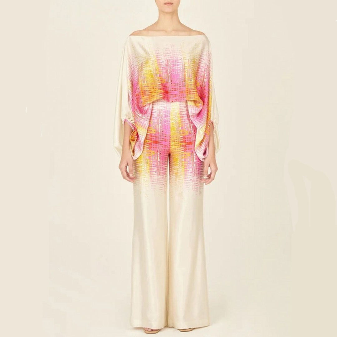 Casual women's printed off-shoulder summer set, perfect for a relaxed yet stylish vacation look.