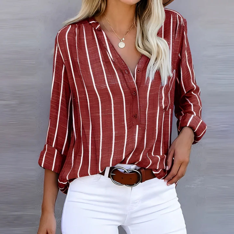 Relaxed fit women's striped button-down blouse. Lightweight and flowing Olanta top for casual summer style.