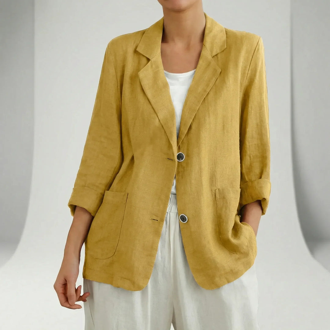 Women's Olivia three-quarter sleeve relaxed fit blazer with functional patch pockets, a staple for spring office wear.