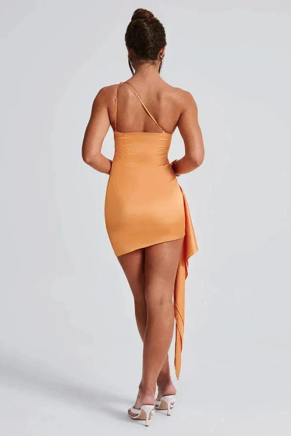 Homecoming mini dress, one-shoulder, draped, and ruched for women.