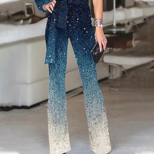 Shimmering ombre one-shoulder jumpsuit for women, featuring a chic flared leg & disco party vibe.