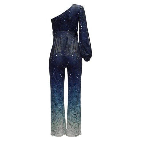 Elegant women's one-shoulder ombre disco jumpsuit, a comfortable flared leg statement for events.