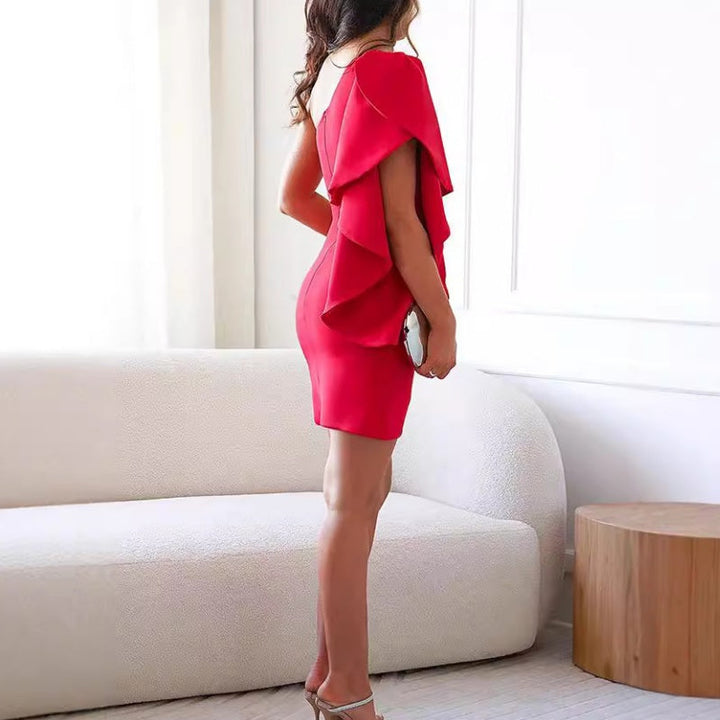 Elegant one-shoulder bodycon mini dress with ruffle detail, ideal for cocktail parties & evening events.
