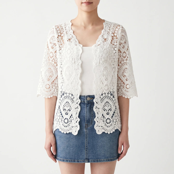 Bohemian open-front crochet cardigan for women, a lightweight white summer layer, great for casual outfits.