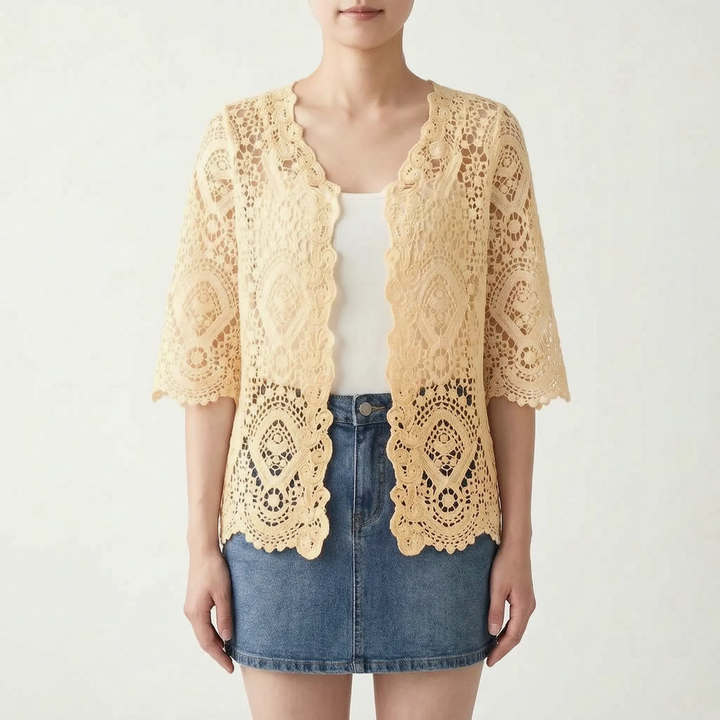 Chic women's open-front apricot crochet cardigan, lightweight & breathable, perfect for summer casual wear.