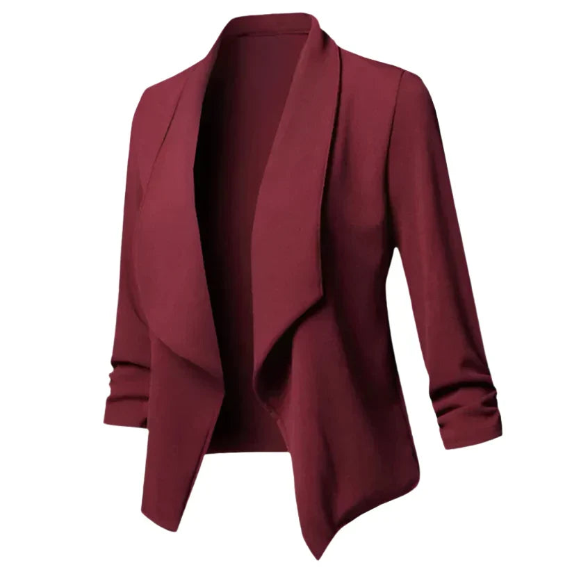 Women's open front knit blazer, wrinkle-resistant for business casual and professional office workwear style.