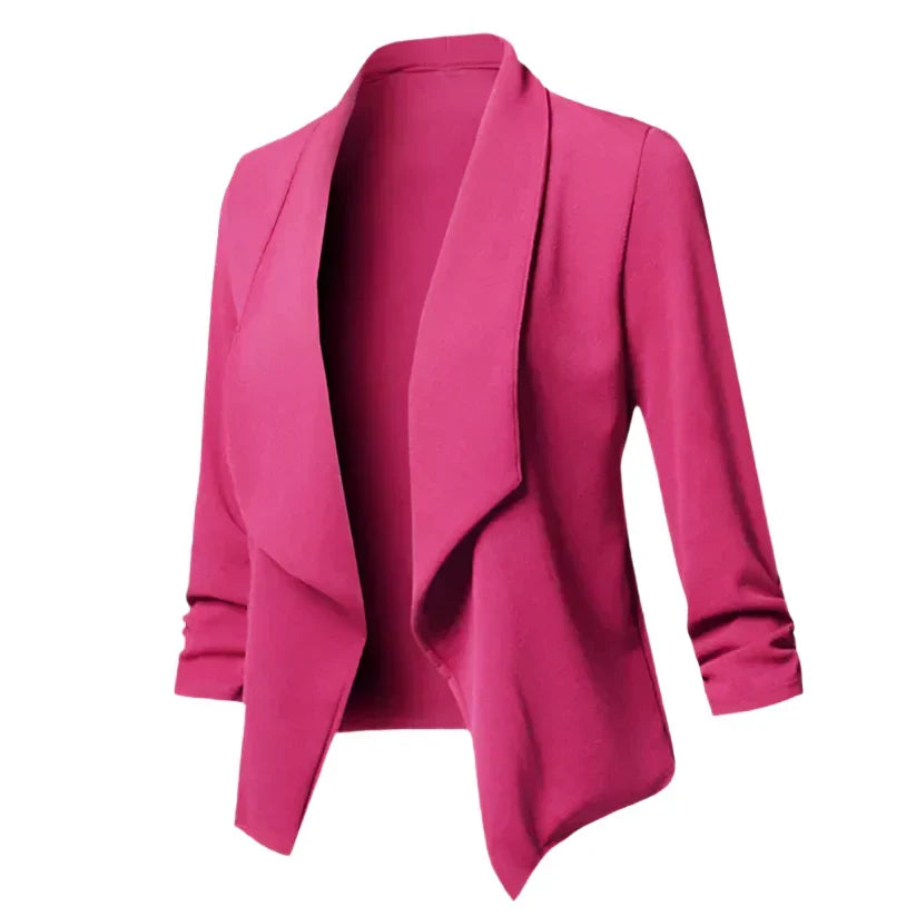 Structured women's open front knit blazer, wrinkle-resistant & comfortable for professional office style.