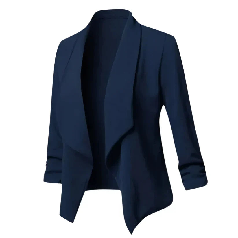 Soft knit women's open front blazer, structured and wrinkle-resistant for professional business and workwear.