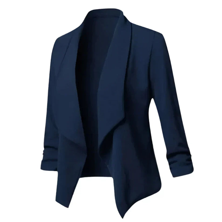 Soft knit women's open front blazer, structured and wrinkle-resistant for professional business and workwear.
