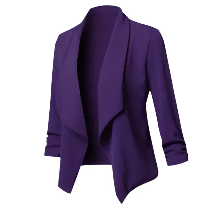 Modern women's open front knit blazer in a professional business style. Wrinkle-resistant for daily workwear.