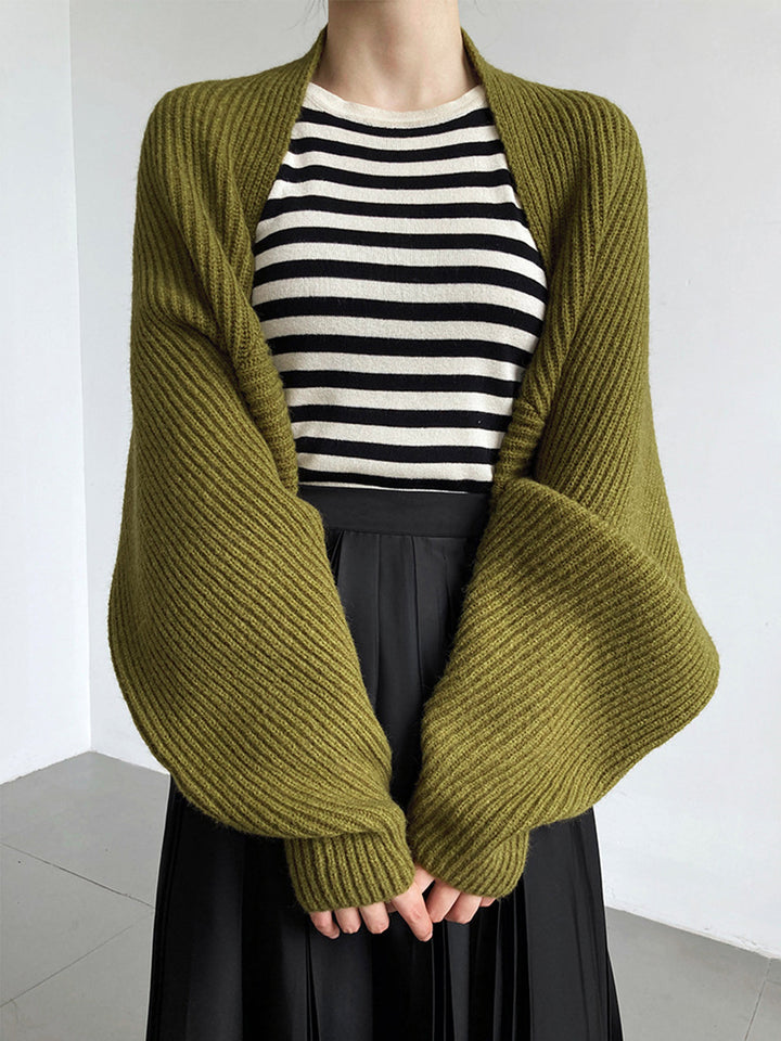 Soft knit women's shrug sweater with an open front design, perfect everyday layering cardigan.