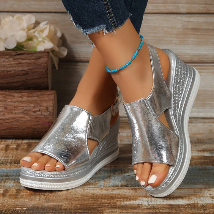 Women's open-toe platform wedge sandals, perfect for chic summer style & comfortable wear.