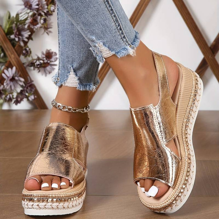 Comfortable women's slip-on open-toe platform wedge sandals, ideal for casual or elegant summer outfits.
