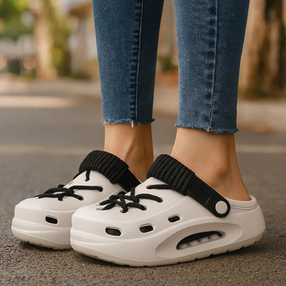 Cream Orange Orbit Laced Clogs for women, breathable & lightweight with a comfortable fit.