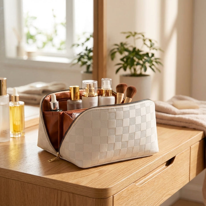 Women's organized makeup bag, travel-ready with multi-compartments for daily beauty essentials.