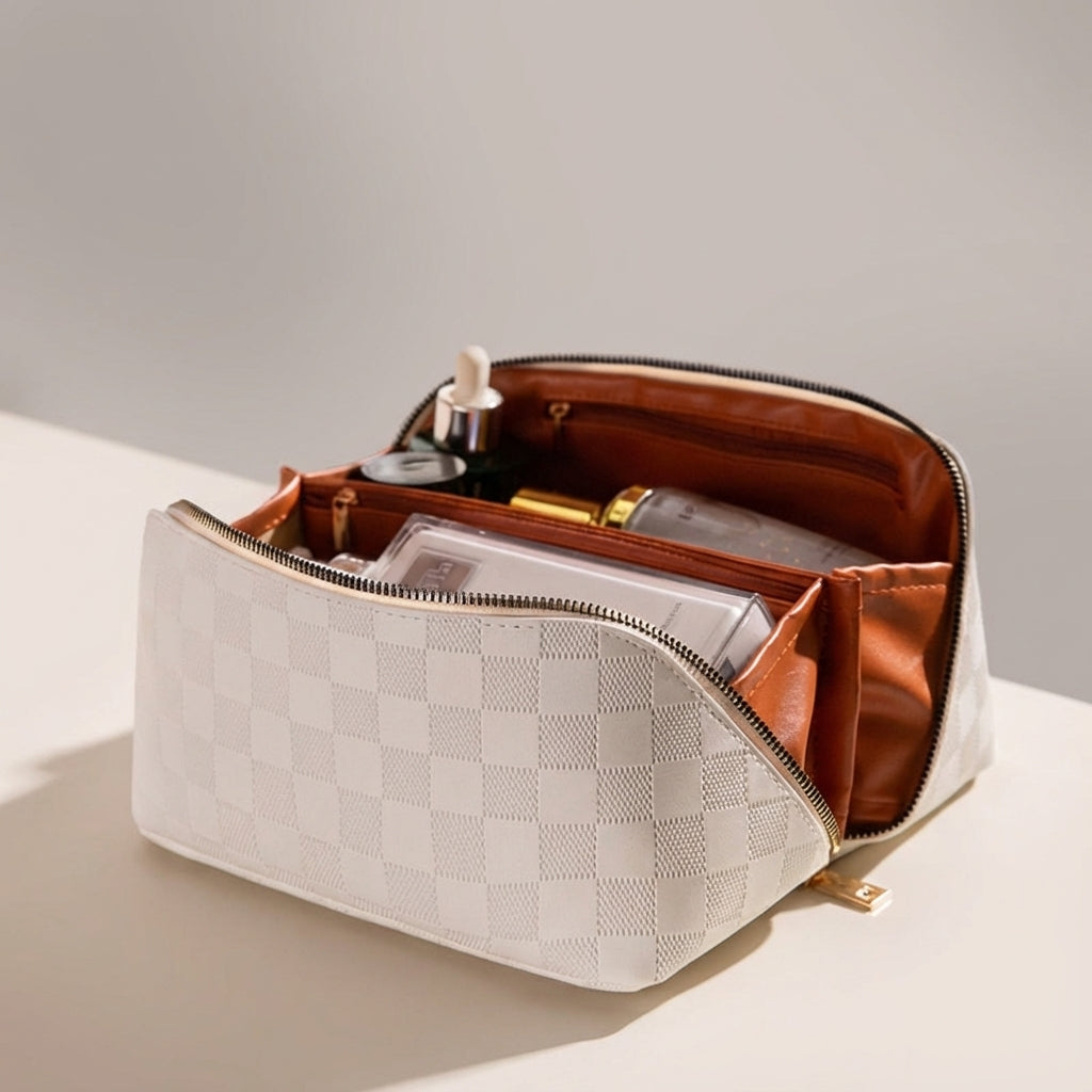 Elegant vegan leather cosmetic organizer, water-resistant & spill-proof. Ideal for travel toiletries.