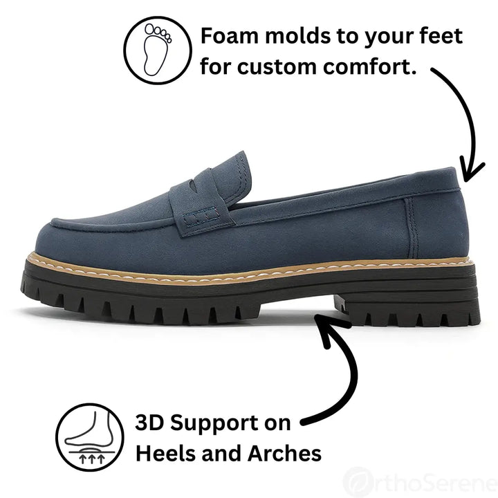 Elegant navy orthopaedic flats for women, featuring a wide toe box and excellent arch support.