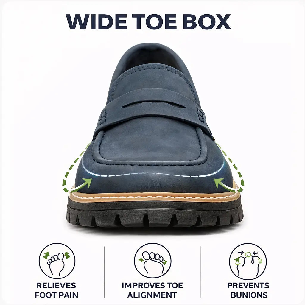 Cushioned women's comfort loafers, designed with a wide toe box & orthopaedic foot support.