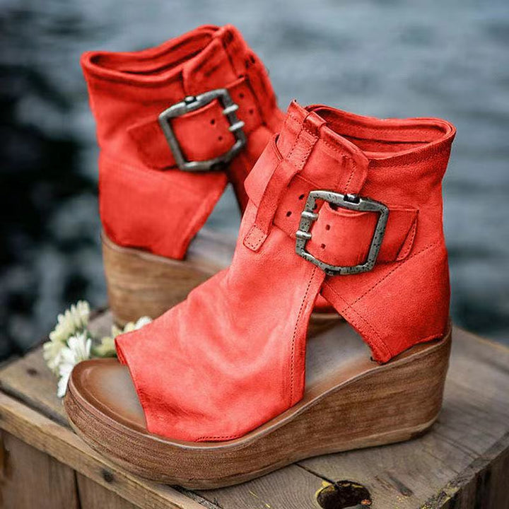 Stylish women's boho wedge sandals with orthopedic support and adjustable buckle closure.