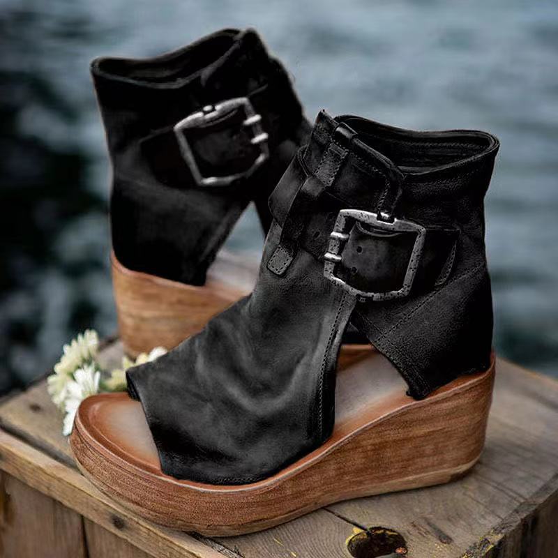 Comfortable women's orthopedic wedge sandals, boho style, with supportive sole & buckle.