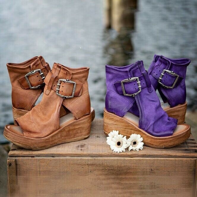 Supportive women's orthopedic boho wedge sandals with adjustable buckle for all-day comfort.