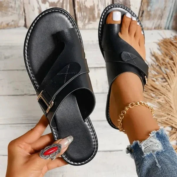 Retro style women's leather orthopedic sandals for bunion correction, with arch support.