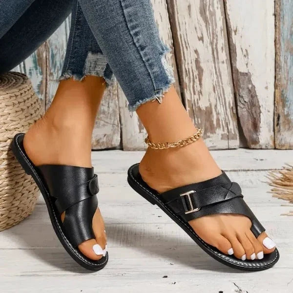 Stylish women's orthopedic bunion correction leather sandals for comfortable walking & foot support.