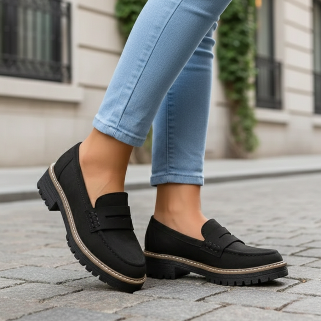 Fashionable women's chunky sole loafers, supportive orthopedic comfort footwear, trendy slip-on.
