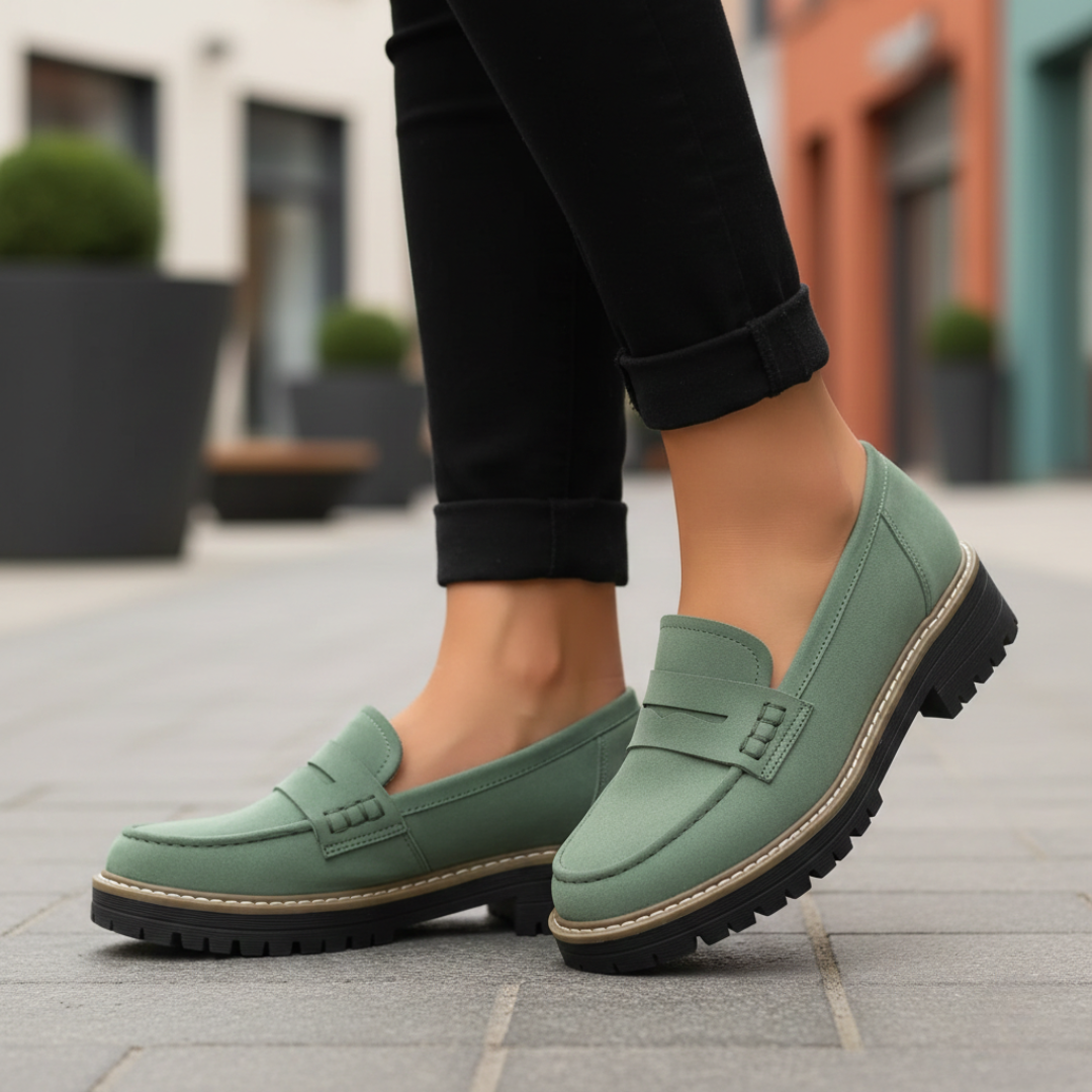 Modern women's comfort footwear, orthopedic chunky sole loafers, trendy casual style.