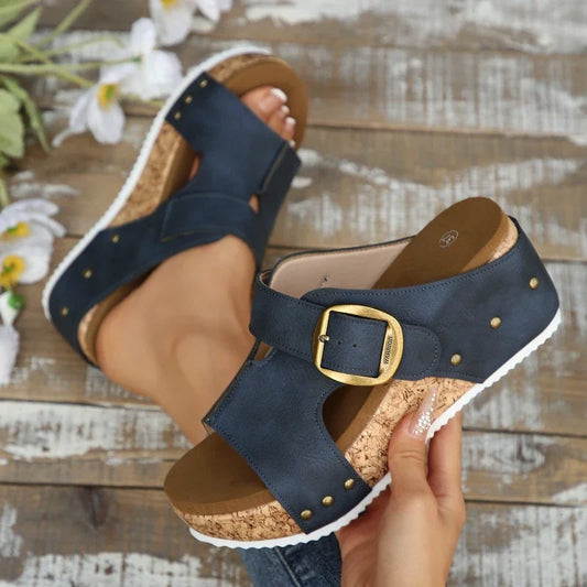 Women's orthopedic comfort slides with adjustable buckle, perfect for summer casual wear.