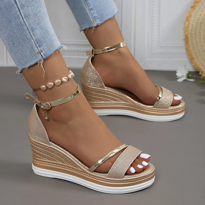 Close-up of women's orthopedic sandals showcasing soft cushioning, adjustable straps & arch support.